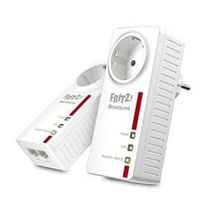 Avm fritz! powerline 1220e set di 2 adattatori con presa passante fino a 1200 mbps 2 porte lan gigabit plug and play eco mode