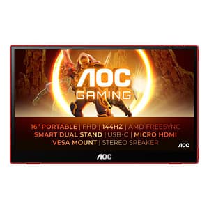 Aoc 16g3 monitor portatile 15.6 full hd tft 16:9 250 cd/mq contrasto 1000:1 4ms 144hz altoparlanti usb hdmi nero/rosso