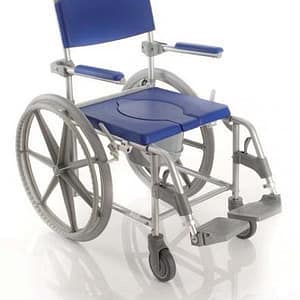Carrozzina per wc e doccia – 2 ruote posteriori grandi 60 cm e due ruote frontali piroettanti da 12 cm