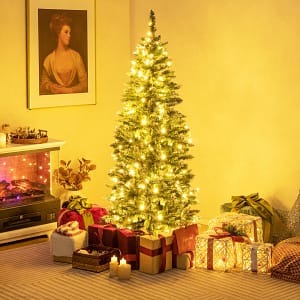 Costway Albero di Natale sottile con 200 luci LED supporto in metallo pieghevole, Albero di Natale artificiale 150cm