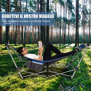 Costway Amaca pieghevole con tasca laterale fibbie antiribaltamento e supporto in metallo, Amaca portatile con borsa Blu