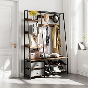 Costway Appendiabiti aperto con scarpiera 2 cassettiere in tessuto 6 ripiani laterali, Organizzatore per ingresso Marrone