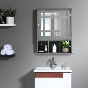 Costway Armadio di stoccaggio a parete per bagno, Organizzatore per armadio a specchio 50cmx16cmx61cm Grigio