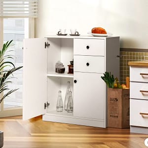 Costway Mobiletto moderno con ripiani regolabili 2 porte 4 cassetti, Organizzatore multifunzionale per soggiorno Bianco