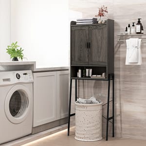 Costway Armadio sopra il water con doppia anta telaio in metallo ripiani regolabili, Mobile salvaspazio Grigio Scuro