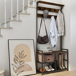 Costway Attaccapanni 183cm con seduta scarpiera ripiano superiore e 9 ganci rimovibili, Attaccapanni da ingresso Marrone