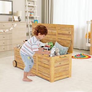 Costway Baule da giardino in legno acacia 182L con 2 ruote borsa interna impermeabile, Contenitore da esterno 127x50x45cm