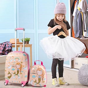 Costway Set 2 pezzi Bagagli per bambini da viaggio con ruote girevole girevole 18″ Trolley bimbo + 12″ zaino con disegni di Serena