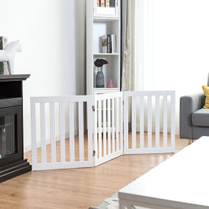 Costway Cancello di legno pieghevole 60cm con 3 pannelli, Barriera per animali con cuscinetti antiscivolo Bianco