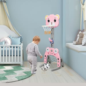 Costway Canestro da basket 3 in 1 per bambini, Canestro da basket con porta da calcio e gioco degli anelli Rosa