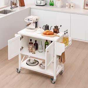 Costway Carrello da cucina con armadietto portaoggetti porta asciugamani porta spezie, Isola carrello rotante per bar Bianco