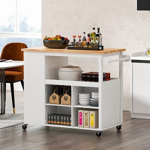 Costway Carrello isola con piano in legno di gomma 4 ripiani regolabili, Carrello con ruote bloccabili per cucina Bianco