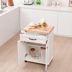 Costway Carrello isola cucina con cassetto 2 ante piano in legno di gomma ripiano regolabile, Carrello per cucina Bianco