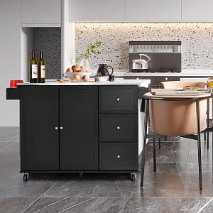 Costway Carrello rotante da cucina con piano in acciaio 3 cassetti 2 ante ripiani regolabili, Carrello per isola Nero