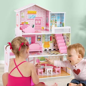 Costway Casa delle bambole in legno per bambini, Set di gioco con 5 stanze e 10 mobili carta da parati 60x25x70cm Rosa