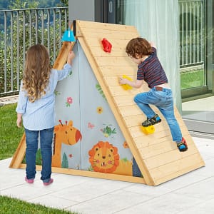 Costway Casetta per bambini a triangolo con pareti per arrampicarsi, Set di gioco in legno per nascondiglio 2 in 1