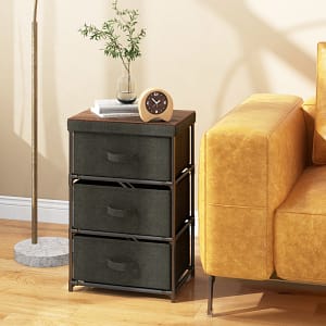 Costway Comodino in tessuto con 3 cassetti e struttura robusta in metallo, Cassettiera a 3 livelli salvaspazio Nero