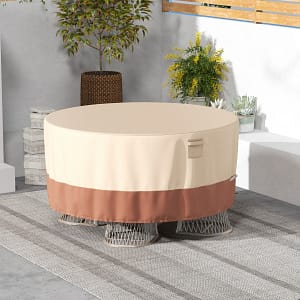 Costway Copertura per mobili da giardino rotonda da 158cm con fibbie, Copertura per tavolo e sedie resistente all’acqua Beige