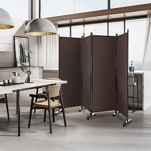 Costway Divisorio con 4 pannelli su ruote, Paravento portatile in tessuto per casa ufficio soggiorno Marrone