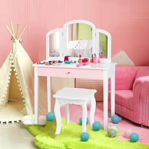 Costway Set toeletta con con specchio tripartito e cassetto per bambini, Scrivania smontabile 2 in 1 per leggere Bianco