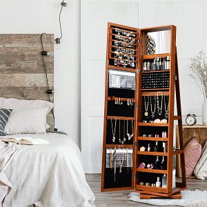 Costway Armadio portagioielli girevole a 360° con specchio, Organizer gioielli 2 in 1 a figura intera, Marrone