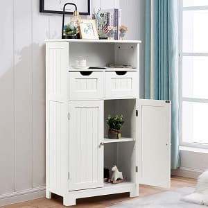 Costway Armadio del bagno con una mensola aperta, Credenza per cucina con 2 ante e 2 cassetti Bianco