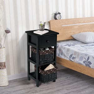 Costway Comodino di legno con 3 livelli, Tavolino moderno con 1 cassetto e 2 cesti Nero