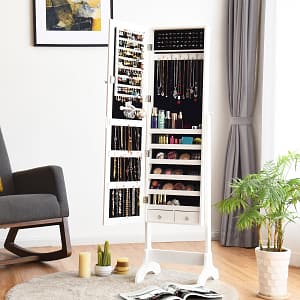 Costway Armadietto porta gioielli con specchio e supporto da camera da letto 156x46x37cm Bianco