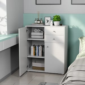 Costway Mobile moderno con 2 ante e cassetti per salone camera da letto, Cassettiera con ripiano regolabile Bianco