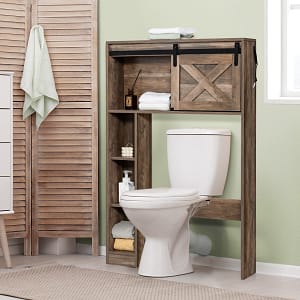 Costway Organizzatore da bagno indipendente con porta scorrevole ripiani di stoccaggio, Armadietto della toilette Marrone