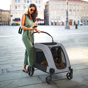 Costway Passeggino per cani di taglia media e grande 67 x 98 x 121 cm, Passeggino pieghevole a 4 ruote con porta anteriore portata 60kg Grigio