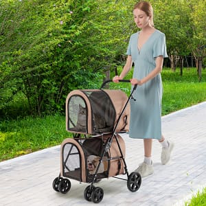 Costway Passeggino pieghevole per animali a doppio livello con 4 ruote, Passeggino 4 in 1 per cani e gatti Beige