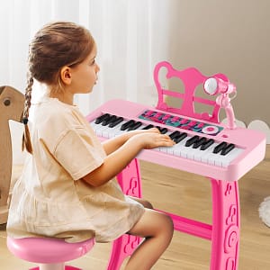 Costway Pianoforte per bambini a 37 tasti con microfono regolabile e leggio rimovibile, Strumento musicale elettronico Rosa