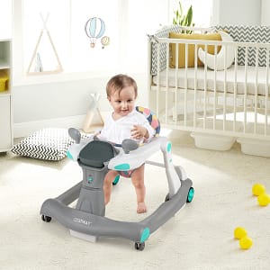 Costway Primi passi 2 in 1 per bambini con cuscino altezza velocità regolabili, Primi passi a spinta pieghevole Grigio