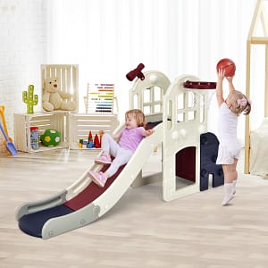 Costway Scivolo grande per bambini 6 in 1 con canestro palla lancio dell’anello e cannocchiale, Set da gioco Blu