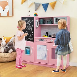 Costway Set cucina per bambini con lavagna telefono microonde fabbricatore di ghiaccio, Cucina gioco finta in legno Rosa