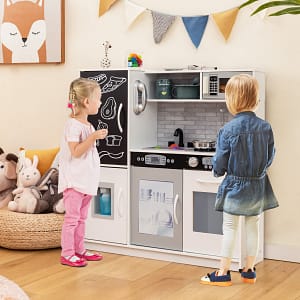 Costway Set cucina per bambini con lavagna telefono microonde fabbricatore di ghiaccio, Cucina gioco finta in legno Bianco
