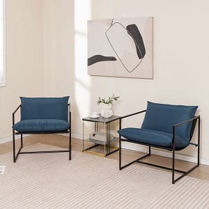 Costway Set di 2 sedie a sdraio sling con cuscini per sedile schienale telaio metallico, Poltrone da interno moderne Blu scuro