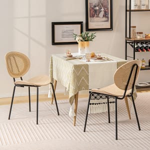 Costway Set di 2 Sedie da pranzo in rattan con gambe in metallo seduta in compensato, Sedie boho portata 140kg Naturale