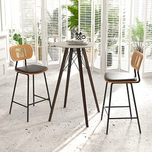 Costway Set di 2 Sgabelli da bar con schienale in rattan gambe in metallo, Sgabelli da bar in ecopelle portata 140kg Nero