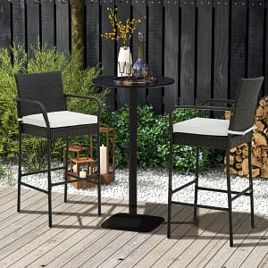 Costway Set sgabelli in vimini da esterno con braccioli cuscini telaio in metallo e portata 180 kg, Sedie da bar 2Pezzi