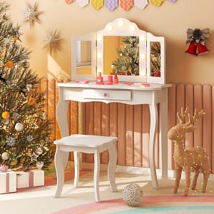 Costway Set tavolo da trucco per bambini con sgabello, Set tavolo vanity principessa con specchio a tre pieghe in vetro Bianco