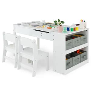 Costway Set tavolo e sedia da disegno per bambini, Tavolo artistico con piano sollevabile 6 contenitori rullo di carta Bianco