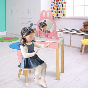 Costway Set tavolo toeletta e sedia per bambini, Set toeletta con specchio cassetti scatole per bambini e bambine Bianco