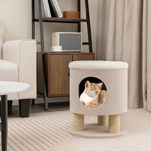 Costway Sgabello nicchia per gatti con pali tiragraffi e pallina di peluche, Casetta per animali domestici multiuso Beige