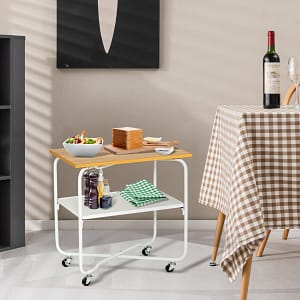 Costway Tavolino a 2 livelli con ruote e portaoggetti, Tavolino con ripiano portaoggetti rotelle bloccabili Naturale