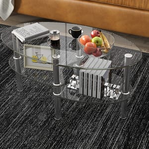 Costway Tavolino da caffè in vetro a 3 ripiani da salotto Tavolo da tè con design ovale per casa e ufficio  89x51x45cm Trasparente