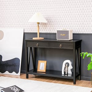 Costway Tavolino console multiuso con cassetto ripiano aperto, Tavolino laterale da divano moderno 106,5×35,5×78,5cm Nero