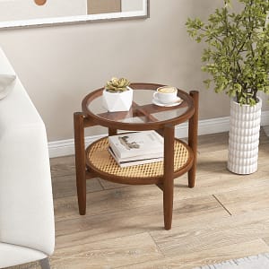 Costway Tavolino rotondo a due livelli per soggiorno, Tavolino da caffè in rattan PE con piano in vetro temperato Marrone