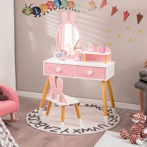 Costway Toeletta con specchio a forma di coniglio per bambini, Set tavolo e sedia toeletta con cassetti e sgabello Rosa